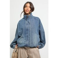 boohoo Women's Denim Oversized Bomber Jacket in Mid Wash | Size: 8 | boohoo (US & Canada)
