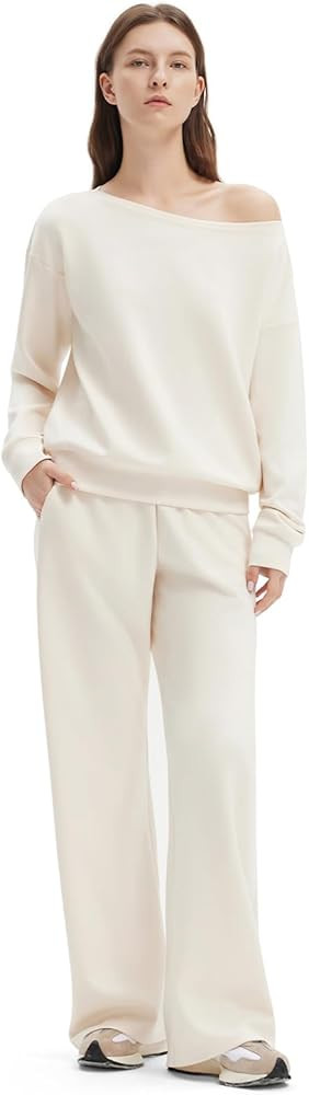 SUUKSESS Women 2 Piece Lounge Matching Set Off Shoulder Sweatshirt Wide Leg Sweatpant | Amazon (US)