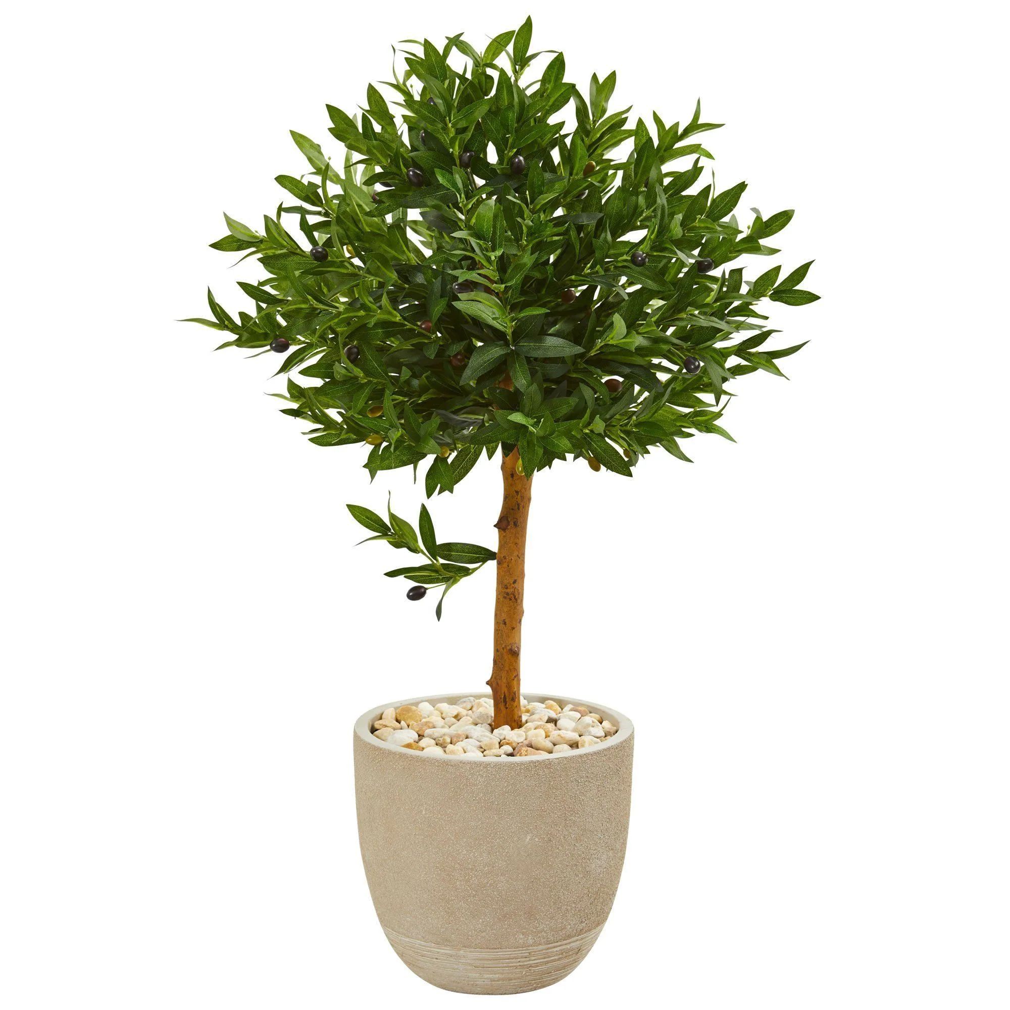 40” Olive Topiary Artificial Tree in Sand Stone Planter UV Resistant (Indoor/Outdoor) | Nearly ... | Nearly Natural