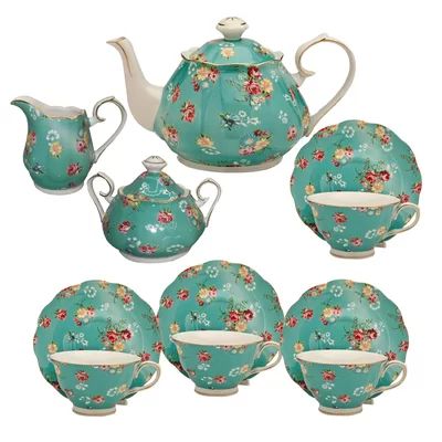 Palmquist Shabby Rose 11 Piece Porcelain Tea Set Lark Manor™ Color: Turquoise | Wayfair North America