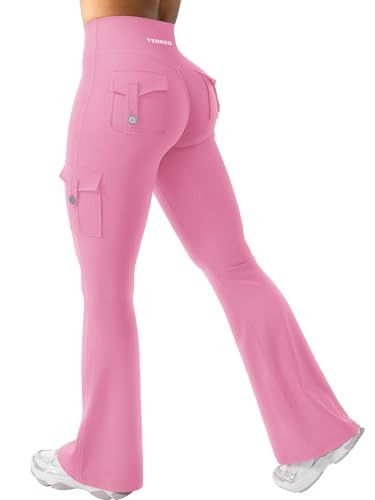 YEOREO CoreFlex Women Workout Flare Leggings with Pockets Hidden Scrunch High Waisted Cargo Gym Yoga Leggings Pink L | Amazon (US)