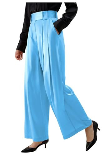 LEWIJO Blue Silk Satin Pants for Women Plus Size Wide Leg High Waisted Casual Trousers Leisure Trendy Womens Pants with Pockets Size XX-Large | Amazon (US)