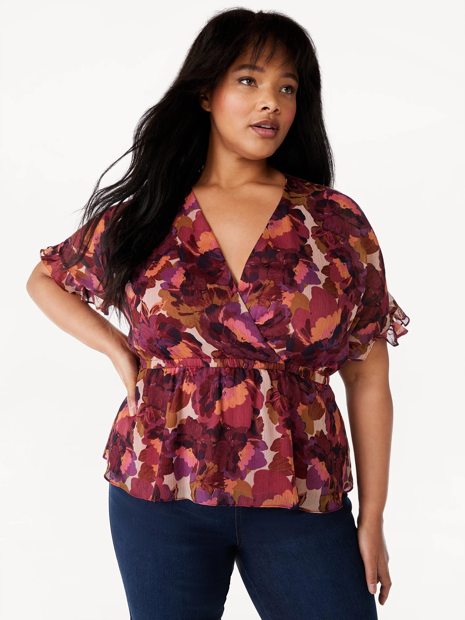 Sofia Jeans Women's Plus Size Faux Wrap Blouse with Short Sleeves, Sizes 1X-5X | Walmart (US)