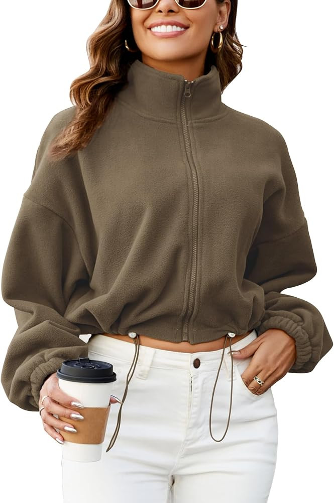 Zilcremo Women Full Zip Fleece Short Jacket Sweatshirt Fall Stand Collar Long Sleeve Sherpa Crop ... | Amazon (US)