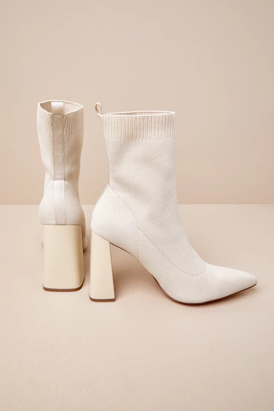 Feliciaa Almond Ribbed Knit Pointed-Toe Sock Boots | Lulus