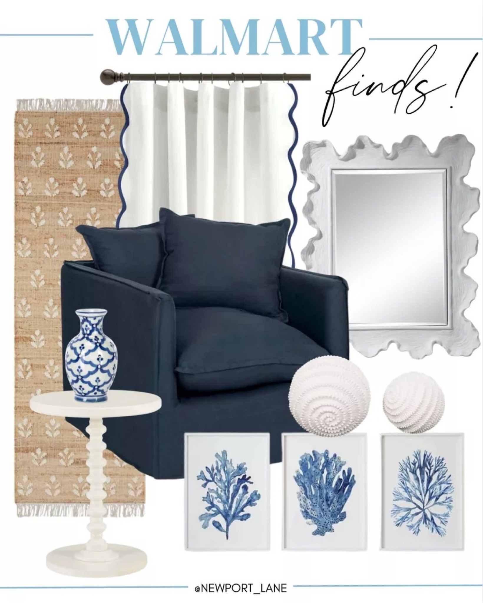 Walmart coastal decor finds! Featuring Coastal home decor, navy blue upholstered chair, jute runner, scalloped curtains, white mirror, coastal mirror, side table, martini table, bookshelf styling, blue and white decor
12/13

#LTKHome #LTKStyleTip