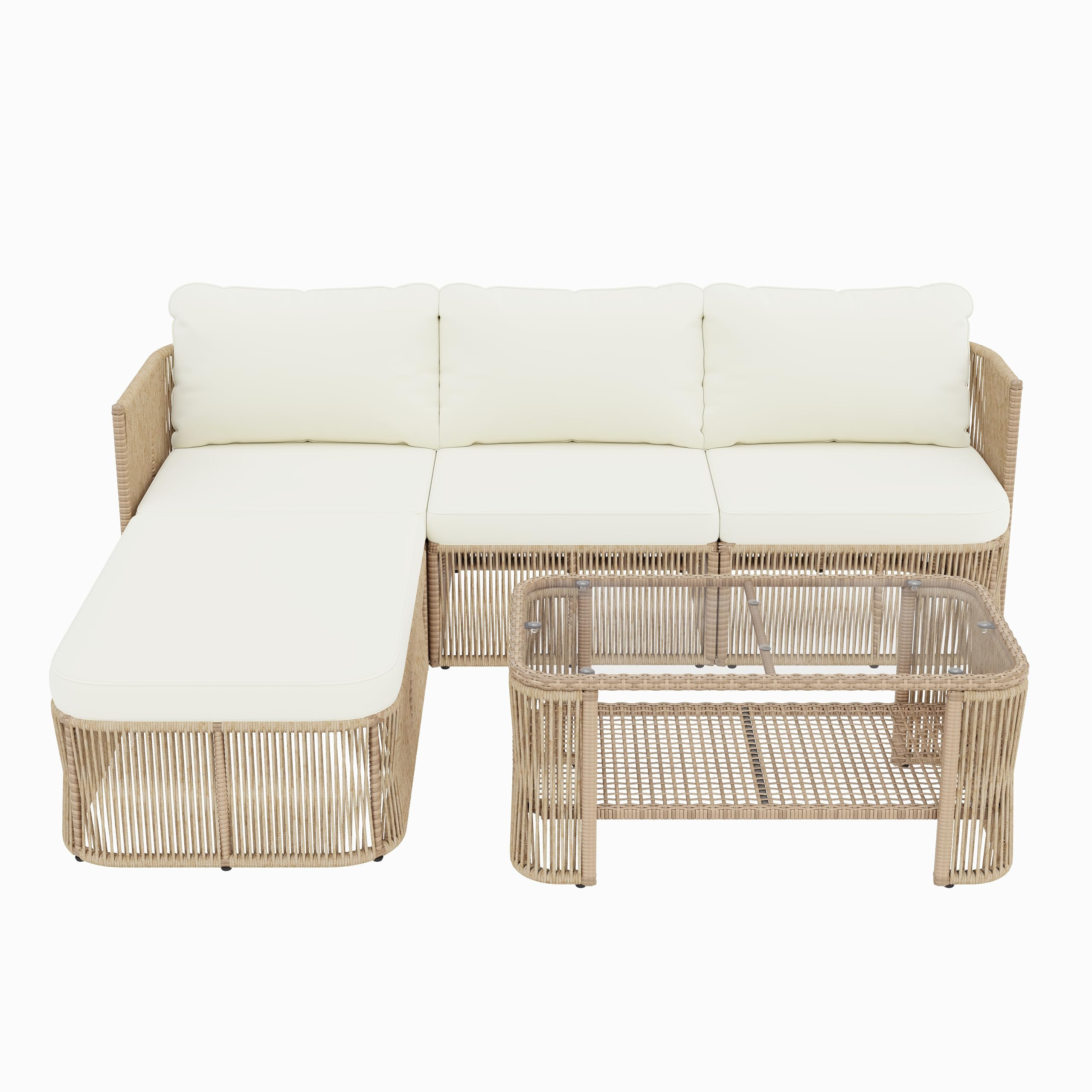 Amazon.com: Merax 4-Piece Patio Furniture Set, L-Shaped Outdoor Wicker Modular Sectional Sofa with Thick Cushions and Glass Top Coffee Table, Rattan Patio Conversation Set for Backyard, Garden and Poolside, Beige : Patio, Lawn & Garden | Amazon (US)