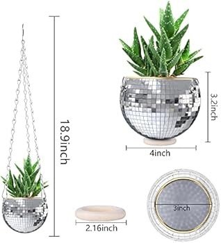 2 Pcs Sliver Disco Ball Planter with Chain,Home Boho Hanging Planter ,4Inch Hanging Mirror Ball F... | Amazon (US)