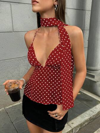 Cévolie Women's Elegant Sexy Polka Dot Print Halter Neck Top | SHEIN