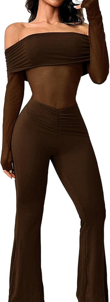 Molilove Women's Sexy Jumpsuits Off Shoulder Long Sleeve Ruffled Mesh Patch Top Flare Pants Jumps... | Amazon (US)