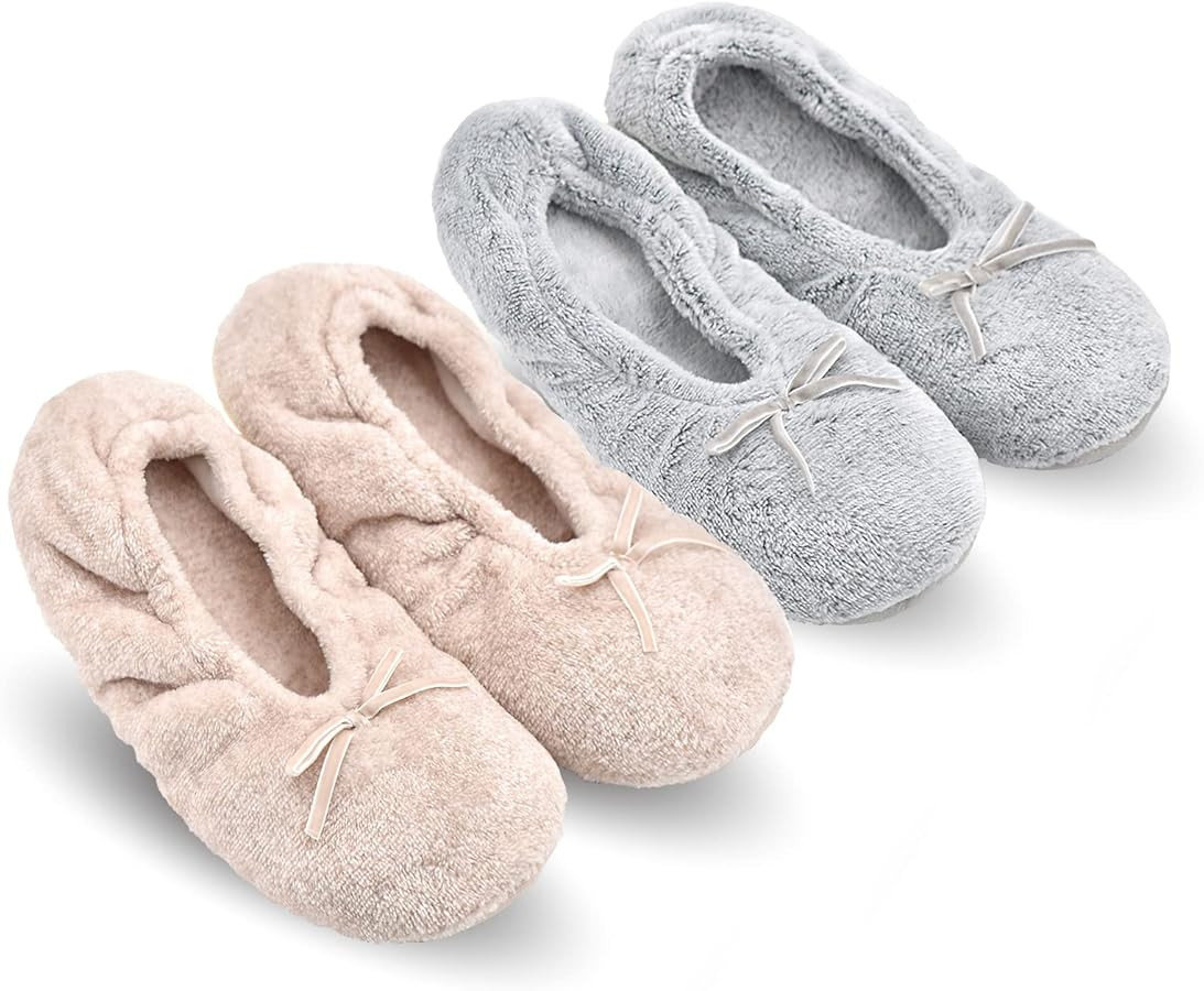 Women's Memory Foam House Fluffy Ballerina Slippers Ballet Shoes Fuzzy Cute Faux Fur Closed Toe S... | Amazon (US)