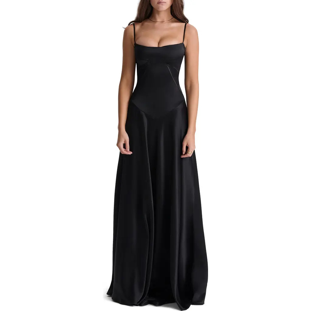 HOUSE OF CB Anabella Lace-Up Satin Gown in Black at Nordstrom, Size X-Small D | Nordstrom