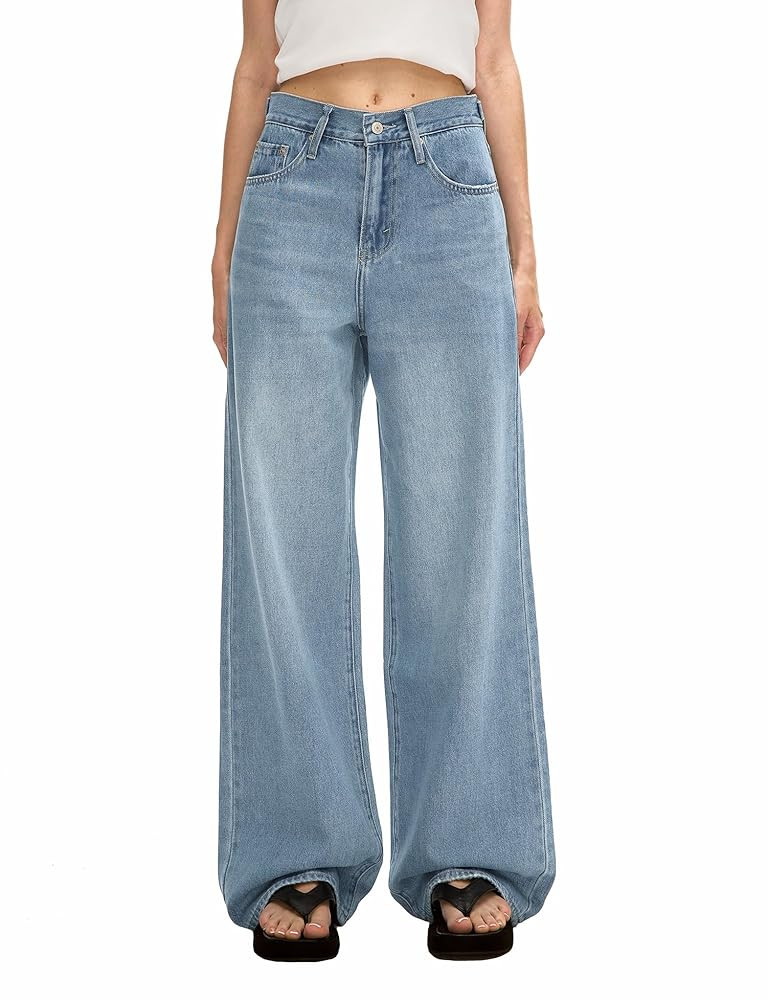 Women's Adjustable Wasit Baggy Jeans with Snap-Button Waistband Wide Straight Leg High Rise Jeans... | Amazon (US)