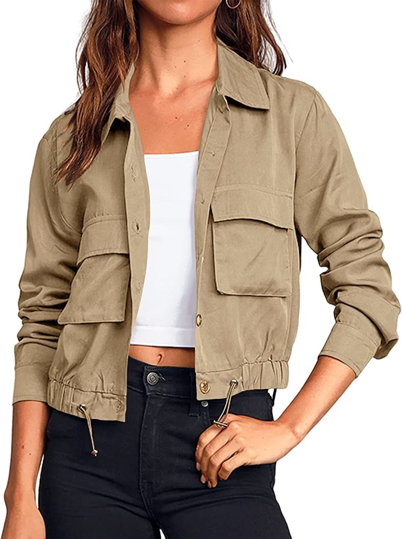 Onedreamer Women's Military Safari Cropped Jackets Button Down Lightweight Oversized Utility Anorak  | Amazon (US)