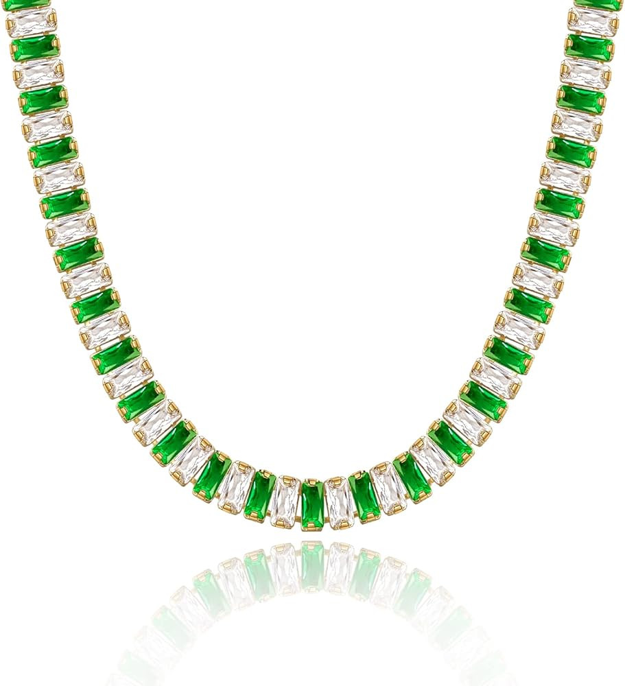 KissYan Diamond Tennis Necklace for Women, 14K/White Gold Plated Cubic Zirconia Baguette Tennis C... | Amazon (US)