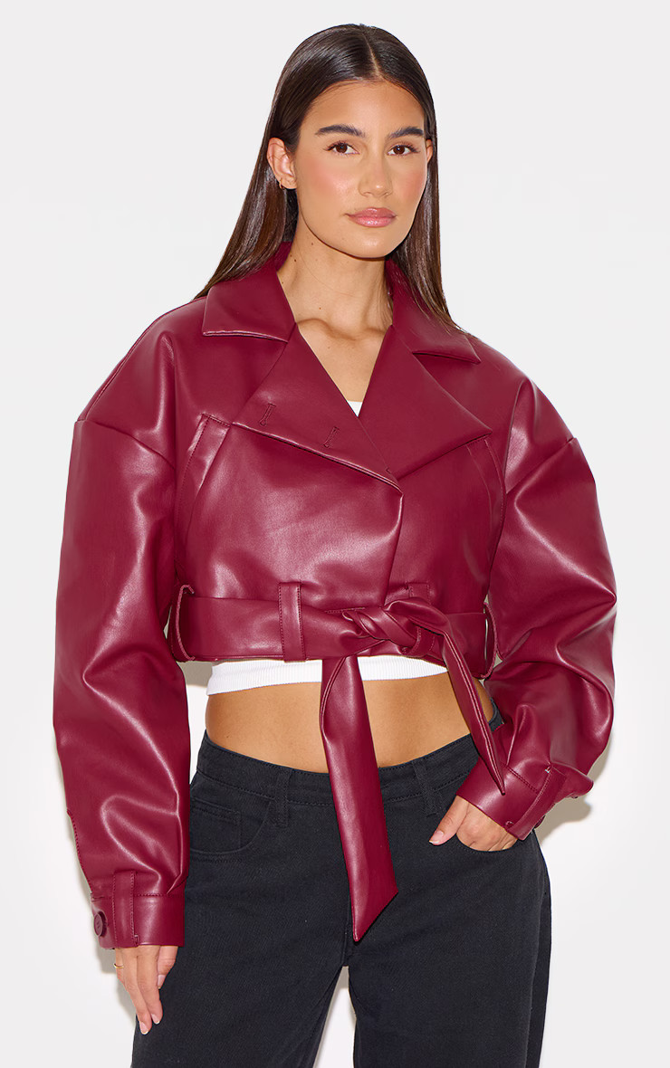 Burgundy Faux Leather Cropped Biker Jacket | PrettyLittleThing US