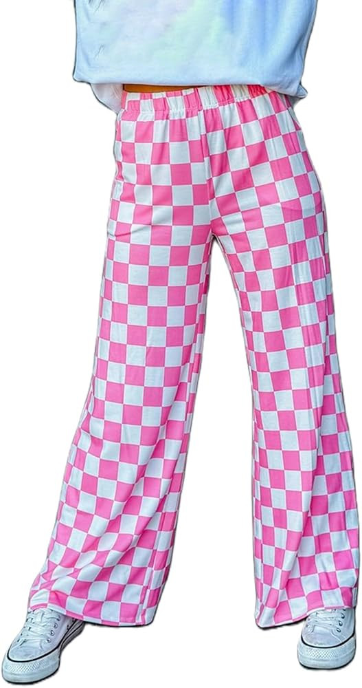 Checkered Pants for Women Elastic High Waist Wide Leg Lounge Pants Straight Loose Fit Plaid Trous... | Amazon (US)