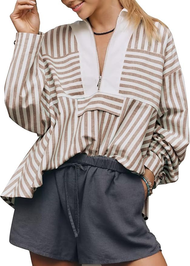 Women's Half Zip Striped Shirt Casual Ruffled Long Sleeve Oversized Loose Blouse Tops | Amazon (US)