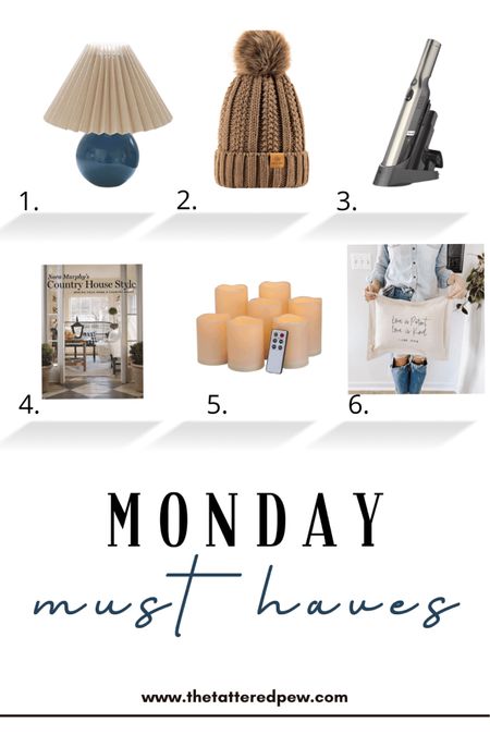 Monday Must Haves, small lmao pleated shade, soft beanie, hat, handheld shark vacuum, Nora Murphy Country House book, battery operated candles, small shop neat if Letals

#LTKhome #LTKunder50 #LTKunder100