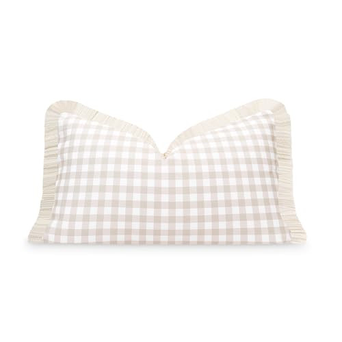Hofdeco Premium Fall Coastal Patio Indoor Outdoor Lumbar Pillow Cover Only, 12"x20" Water Repellent for Backyard, Couch, Neutral Tan Gingham Fringe | Amazon (US)