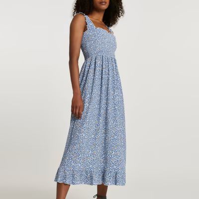 Blue shirred floral midi dress | River Island (UK & IE)