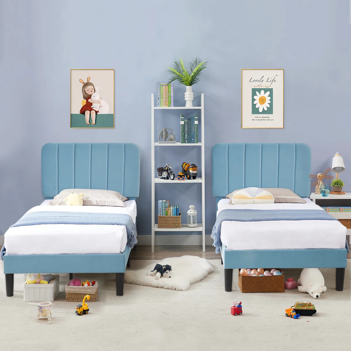 Bedias Set of 2 Twin Upholstered Platform Bed, Velvet Bed Frame with Vertical Channel Adjustable ... | Wayfair North America