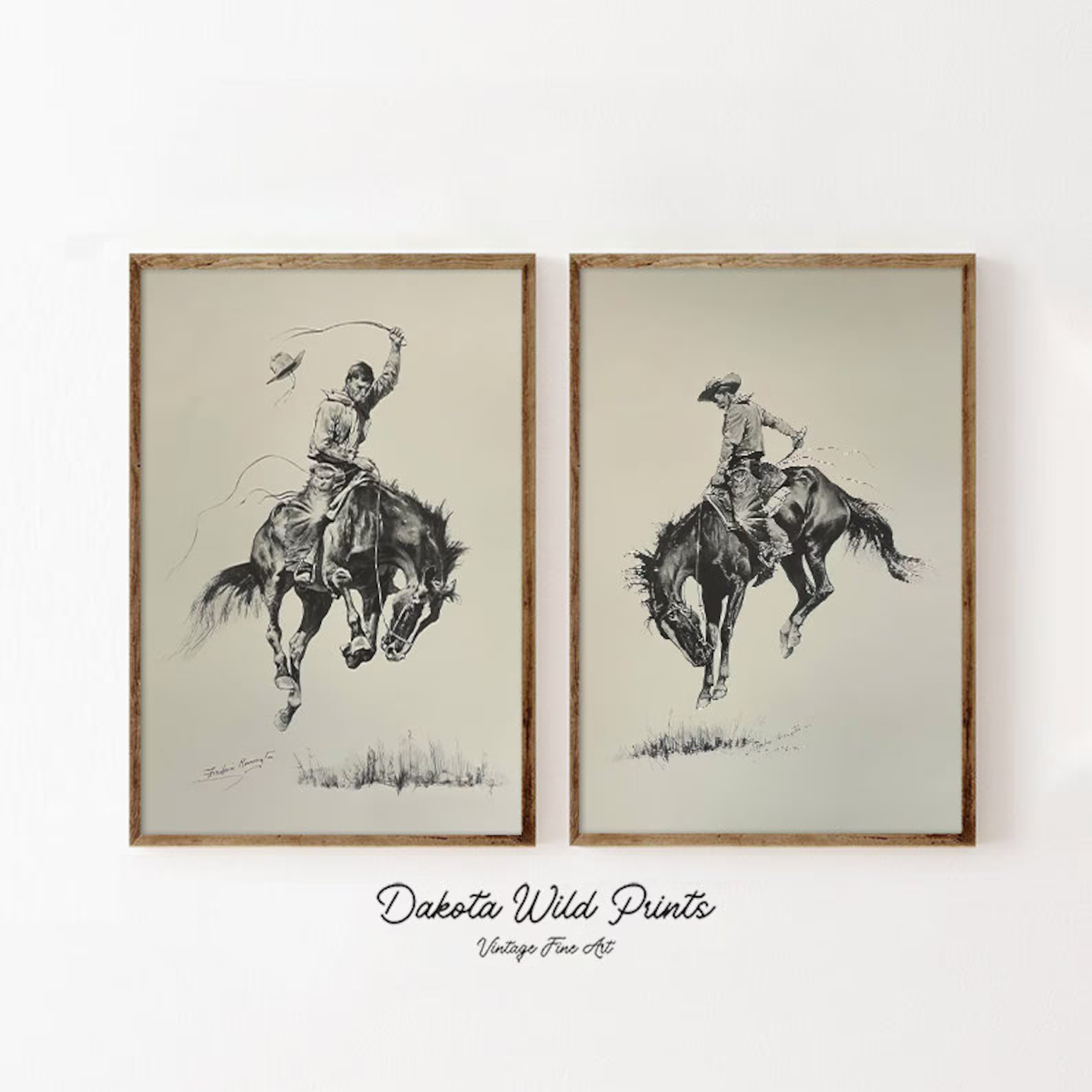 Western Cowboy Sketch PAIR | Vintage Wall Art | Mid Century Decor | Cowboy Painting | Antique Pai... | Etsy (US)