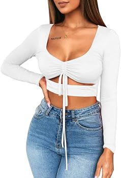 Women's Sexy Low Cut Long Sleeve Tie Front Crop Tops | Amazon (US)
