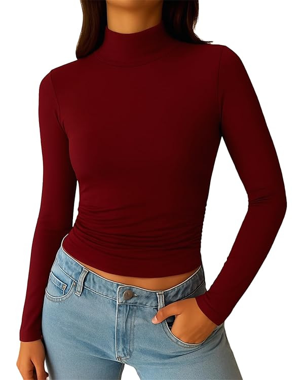 ForeFair Women's Mock Turtleneck Long Sleeve Going Out Tops Ruched Double Lined Tight Basic Tee S... | Amazon (US)