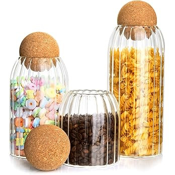 3Pcs Glass Storage Container with Round Ball Cork,Coffee Bean Jar Glass Cork Clear Stripe Glass B... | Amazon (US)