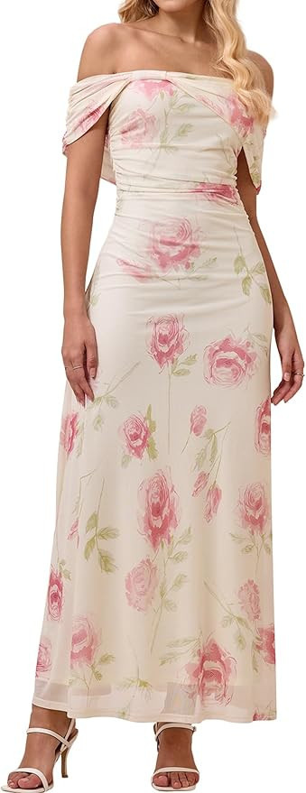 KUTUMAI Women Floral Off Shoulder Maxi Dress Summer Ruched Bodycon Long Formal Wedding Guest Dres... | Amazon (US)