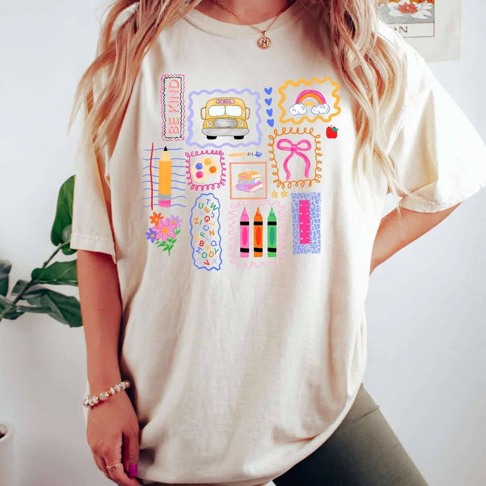 DOVU Teacher Shirt, Cute Teacher Shirt, Cute Colorful Doodle Back To School Shirt, Coquette Schoo... | Walmart (US)