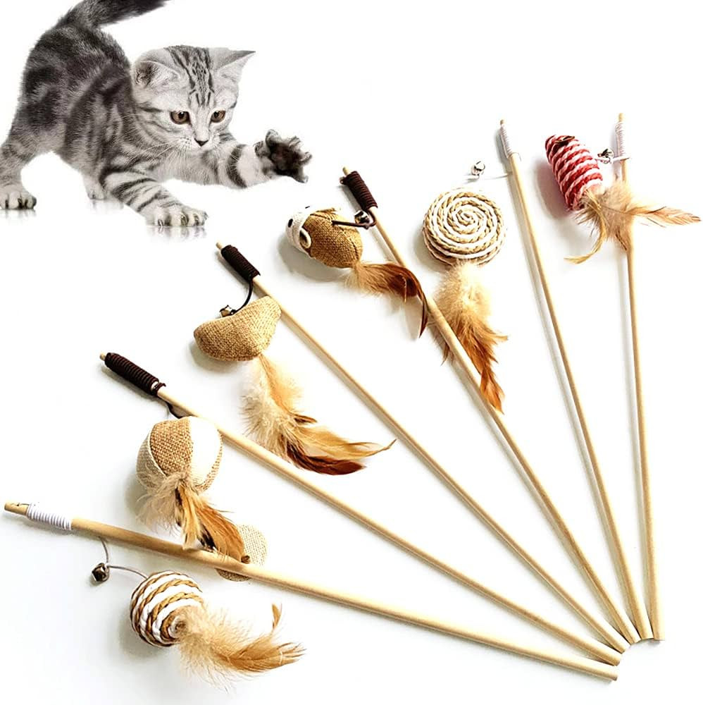 Artshu 6pcs/lot 40cm Pet Cat Teaser Toys Feather Linen Wand Cat Catcher Teaser Stick Cat Interact... | Amazon (US)