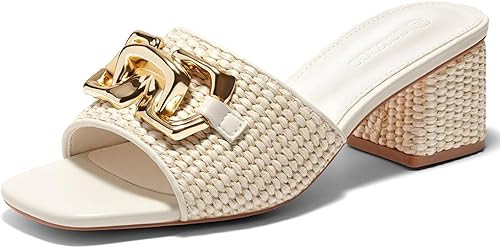 Coutgo Womens Raffia Slide Sandals Chunky Block Heeled Square Open Toe Metal Chain Slip on Mules ... | Amazon (US)