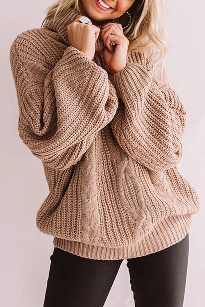 ZESICA Women's 2023 Fall Long Sleeve Turtleneck Chunky Knit Loose Oversized Sweater Pullover Jumper  | Amazon (US)