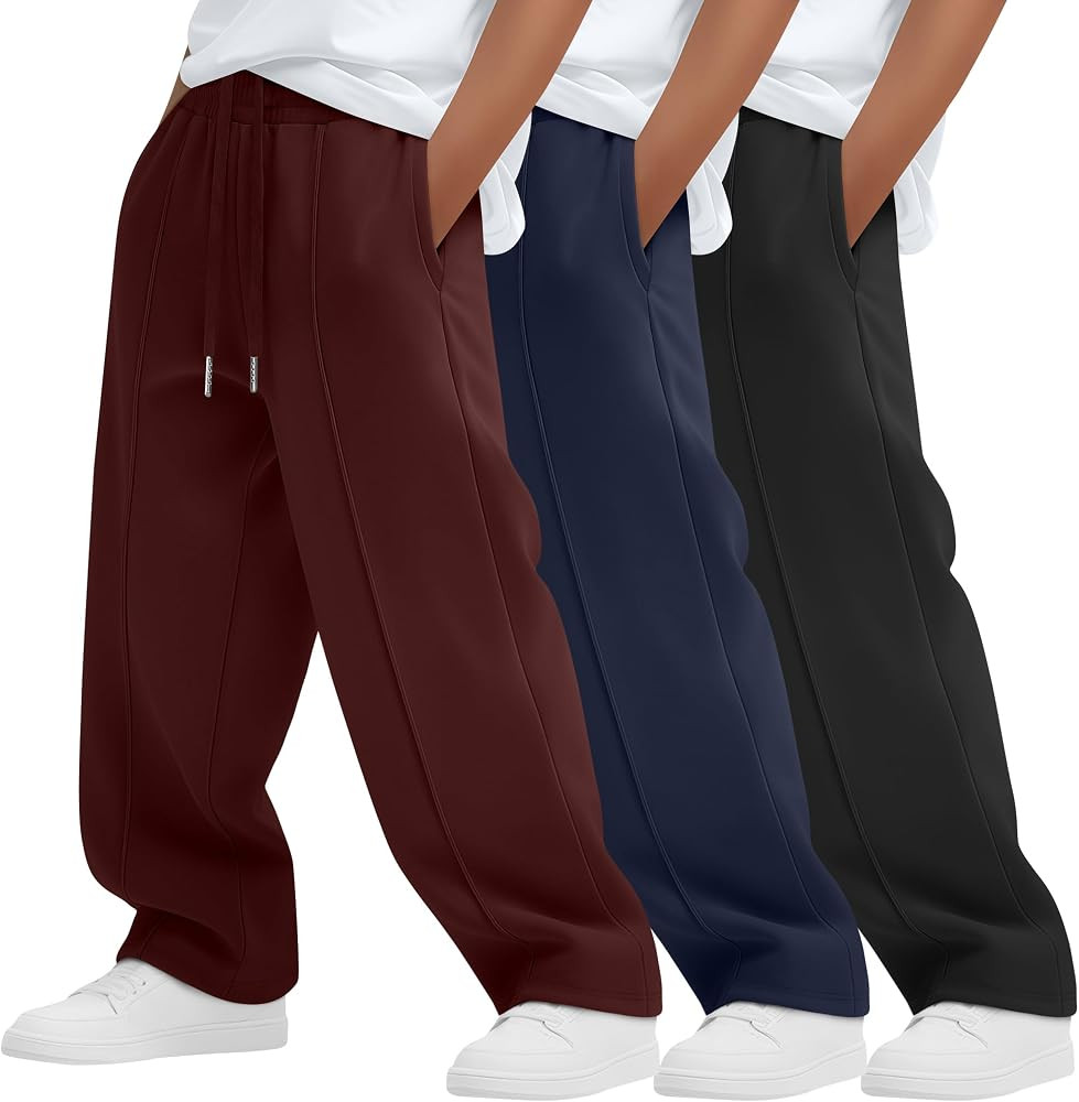 3 Pack Boys' Baggy Sweatpants Wide Leg Open Bottom Pants Kids Athletic Drawstring Joggers with Pockets 5-14 Years | Amazon (US)