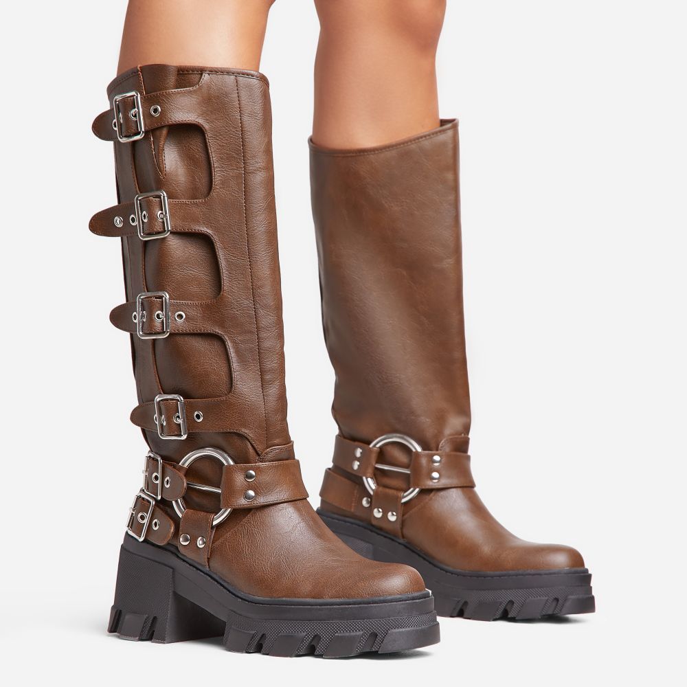 Buckle-Up-Now Side Buckle Detail Chunky Sole Mid Calf Biker Boot In Brown Faux Leather | Ego Shoes (UK)