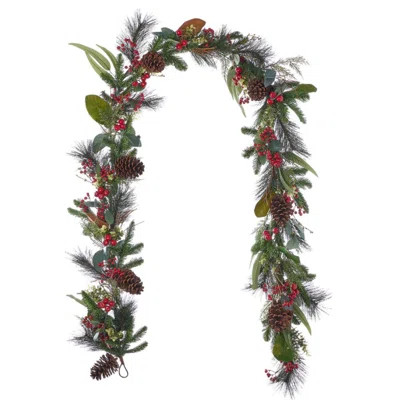 Magnolia Leaf, Eucalyptus, and Berry 9ft Garland, Pre-Lit with 50 LED Fairy Lights B/O | Wayfair North America