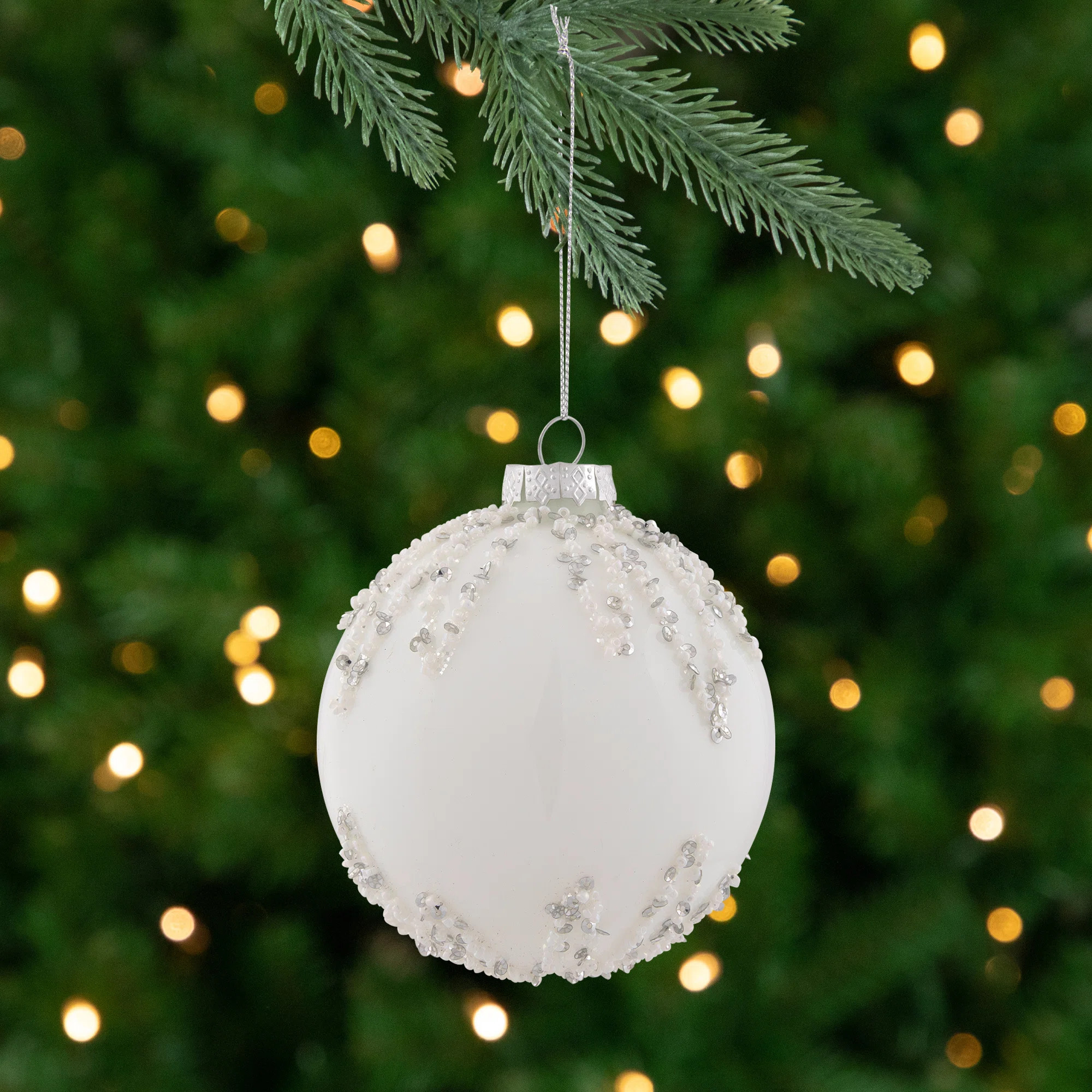 4" White and Silver Sequins Christmas Glass Ball Ornament | Wayfair North America