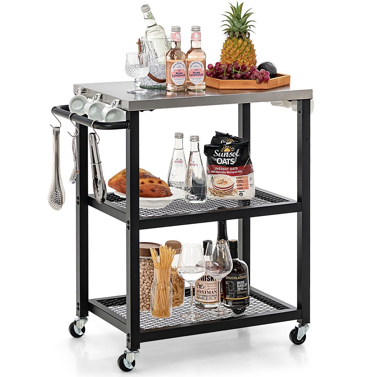 Tangkula 3-tier Outdoor Grill Cart on Wheels w/ Stainless Steel Top & Handle 3 Hooks Patio | Target