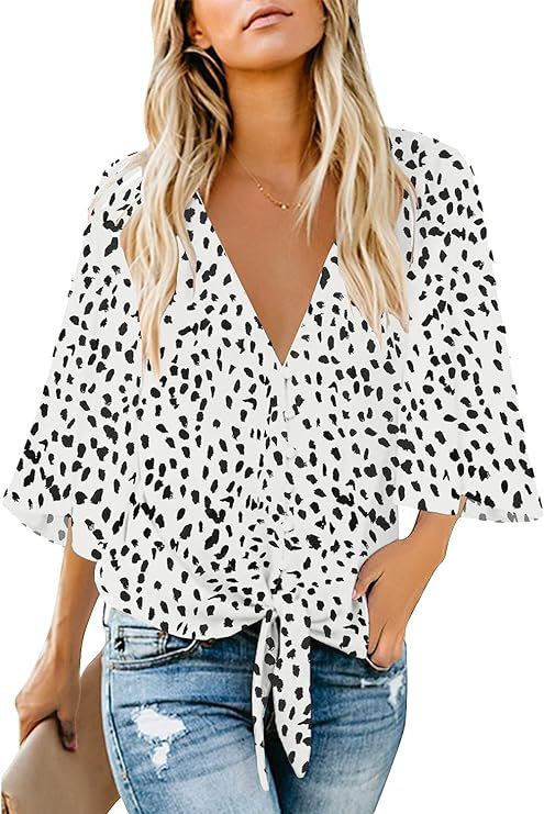 Utyful Women's Casual V-Neck 3/4 Tie Knot Blouse Button Down Shirts Tops | Amazon (US)