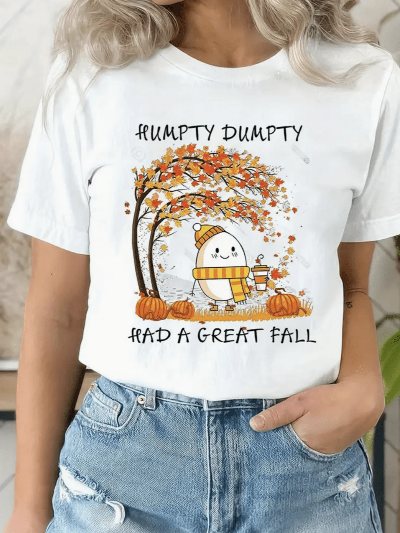 Humpty Dumpty Great Fall Thanksgiving Autumn Halloween Long Sleeve Cotton Print T-Shirt For Women, 1 Piece, 200gsm, Polyester Knit Fabric With Round Neck | SHEIN