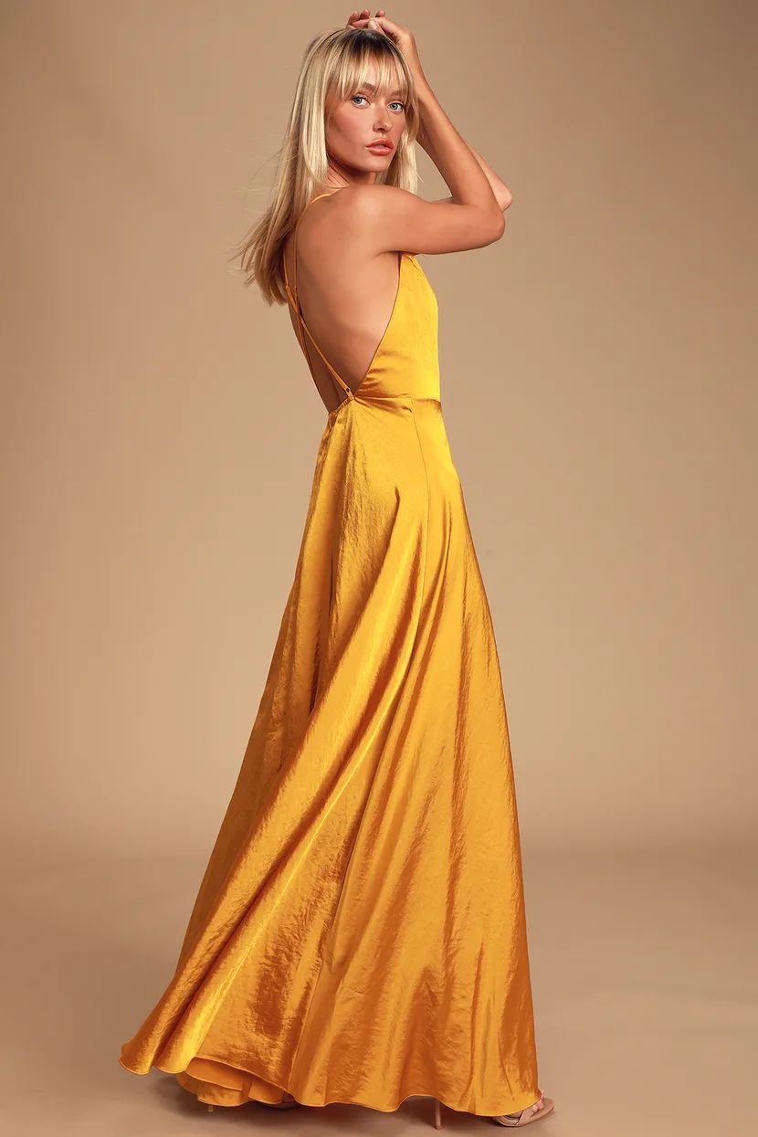 Total Beauty Golden Yellow Satin Backless Maxi Dress | Lulus (US)