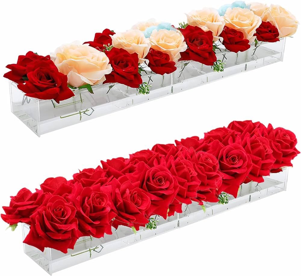 2 Pack Clear Acrylic Vase for Flowers, 17 Inch Long Rectangular Vase with 18 Holes, Low Floral Mo... | Amazon (US)