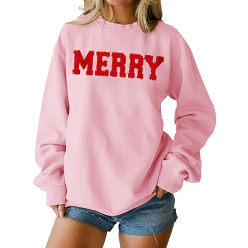 IZYJOY Christmas Women's Merry Graphic Sweatshirt Chenille Patch Letter Printed Crewneck Xmas Gif... | Amazon (US)