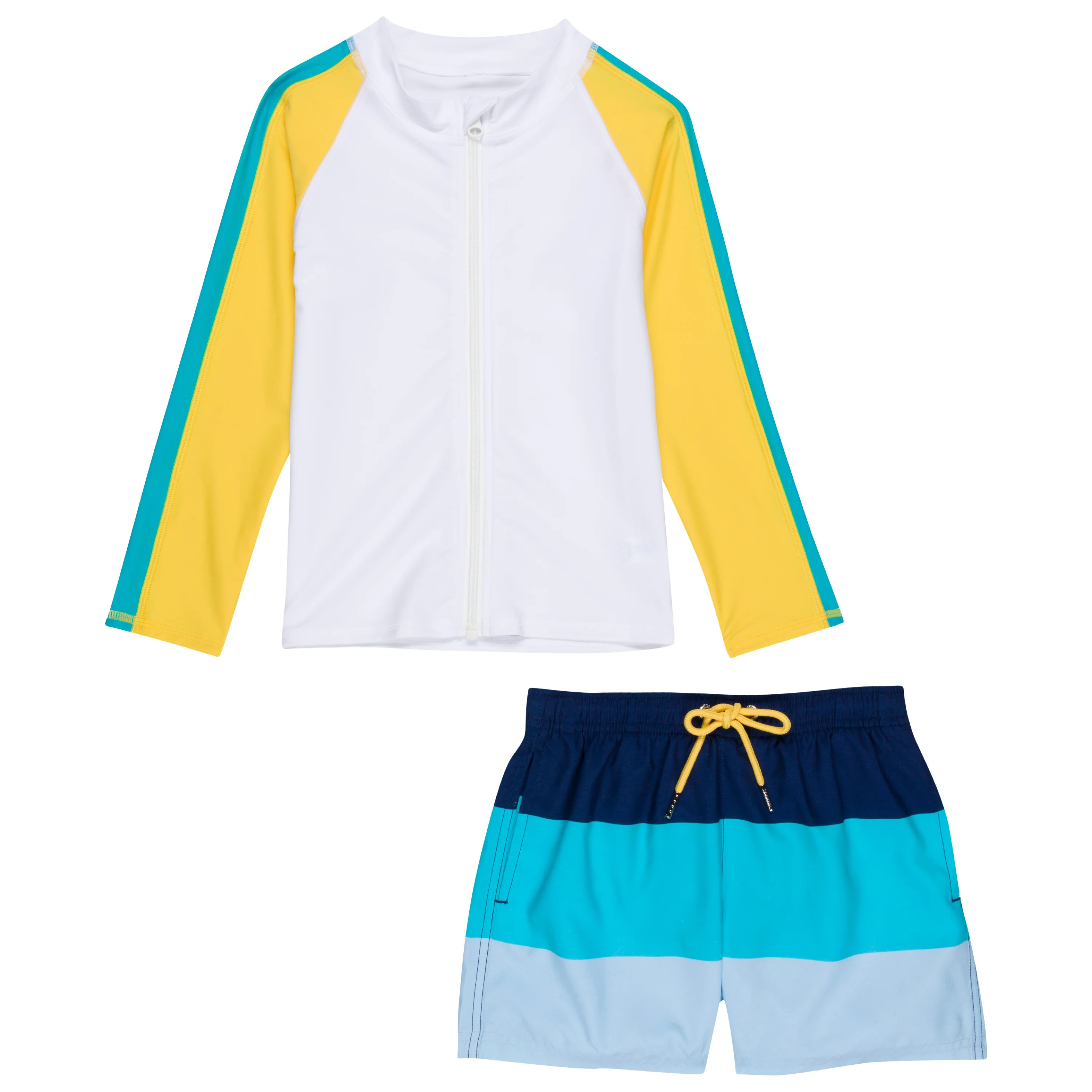Boys Long Sleeve Zipper Rash Guard and Swim Trunk Set | "Color Pop" | SwimZip