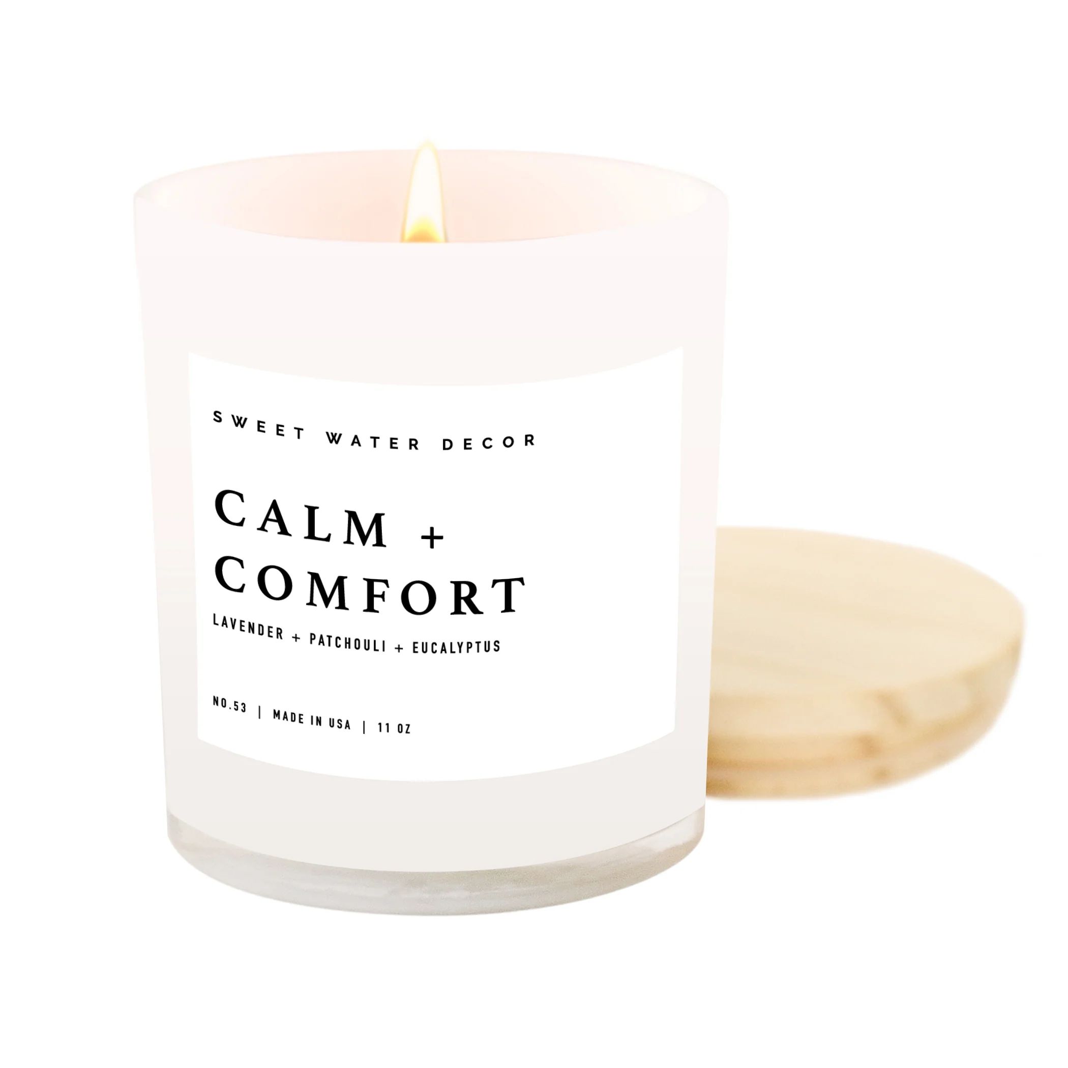Calm + Comfort Soy Candle | White Jar + Wood Lid | Sweet Water Decor, LLC