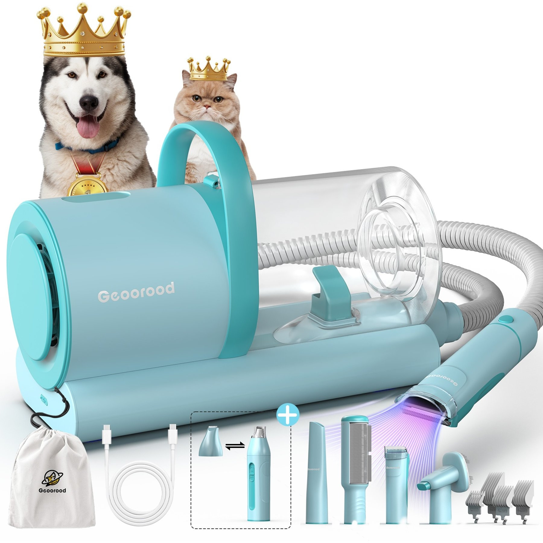 GEOOROOD 6-in-1 Pet Grooming Vacuum Kit, Blue/Green, 1.6-L | Chewy