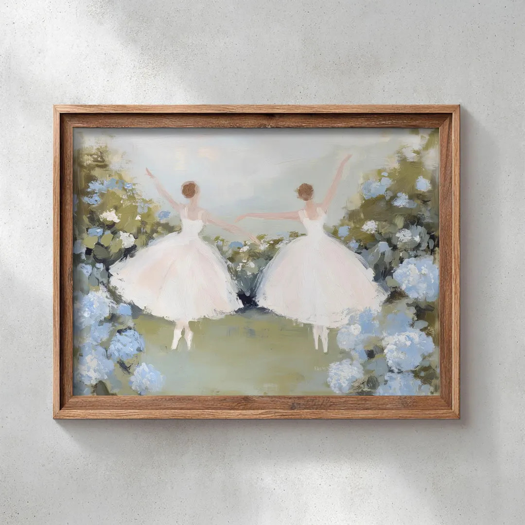 Printed Coquette Ballerinas Painting, Soft Cottagecore Pastel Decor, Feminine Ballet Art, Blue Hy... | Etsy (US)