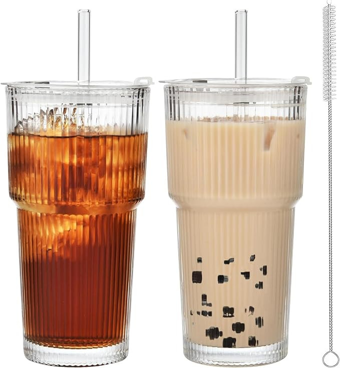 ALINK 2 Pack 20 oz Ribbed Glass Cups Tumblers with Lids and Straws Glassware Set, Thickened Glass... | Amazon (UK)